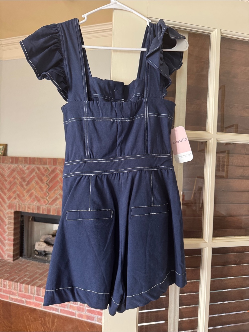 Navy Button-Front Ruffle Sleeve Romper - Picture 2 of 3